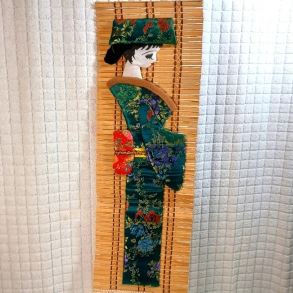 (2) Rare Vintage Bamboo Applique Geisha Girl Wall Scroll Set